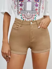 Shorts en mezclilla bajo de doblez - Caqui - Ver 1
