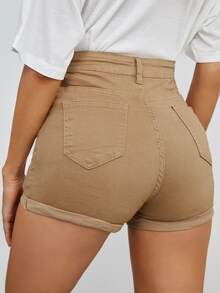 Shorts en mezclilla bajo de doblez - Caqui - Ver 2