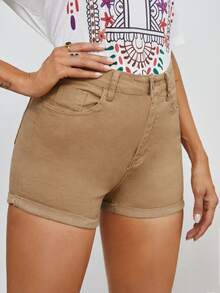 Shorts en mezclilla bajo de doblez - Caqui - Ver 4