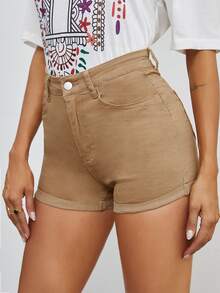 Shorts en mezclilla bajo de doblez - Caqui - Ver 5