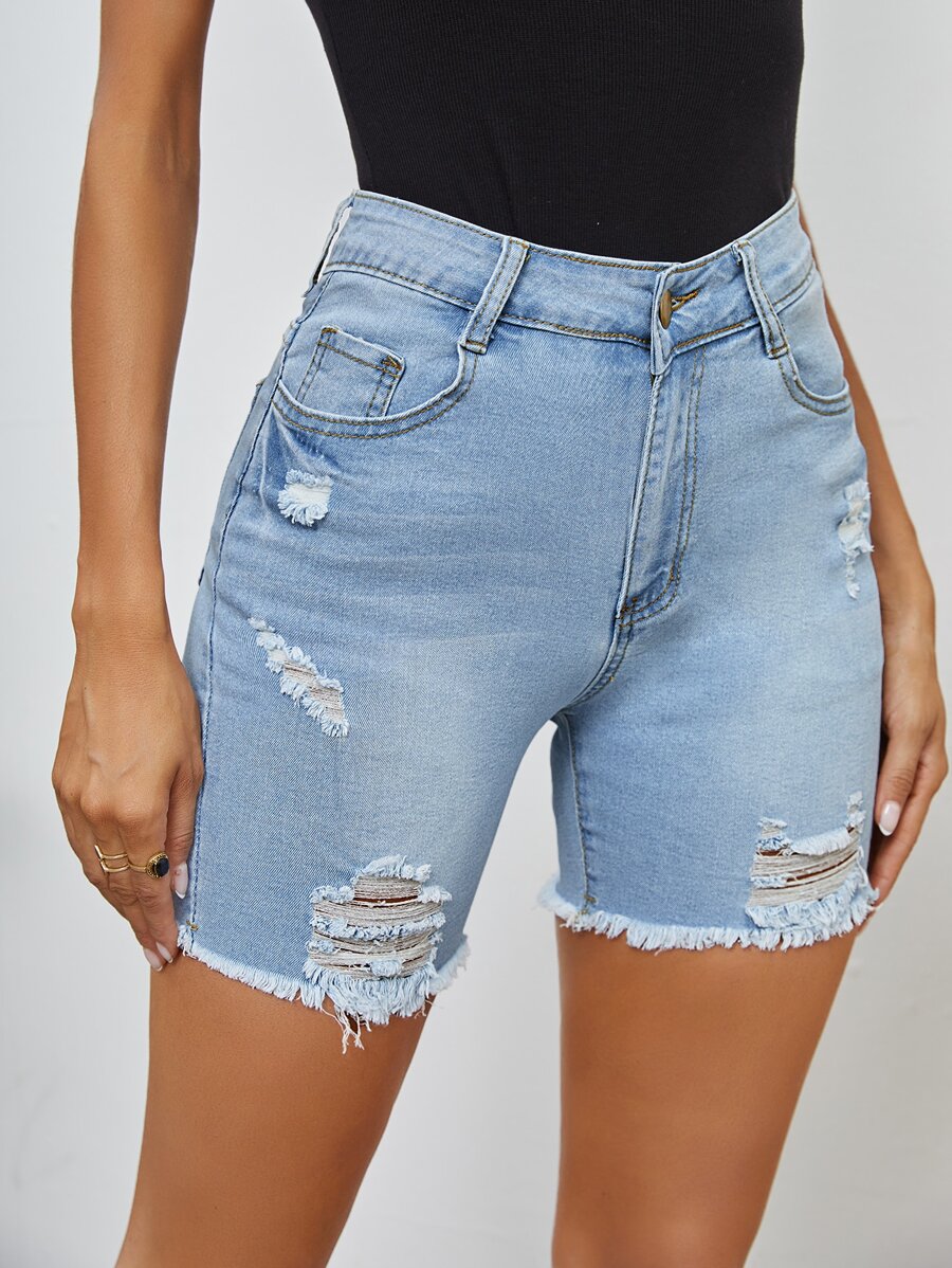 EMERY ROSE Raw Hem Ripped Denim Shorts - Light Wash - View 1