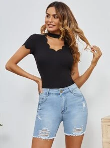 EMERY ROSE Raw Hem Ripped Denim Shorts - Light Wash - View 3