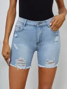 EMERY ROSE Raw Hem Ripped Denim Shorts - Light Wash - View 4