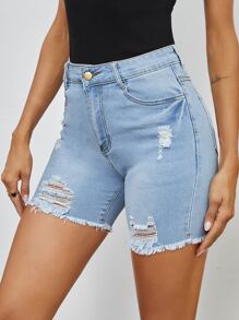 EMERY ROSE Raw Hem Ripped Denim Shorts - Light Wash - View 5