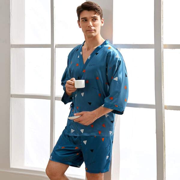 

Men Geo Print Satin PJ Set, Blue