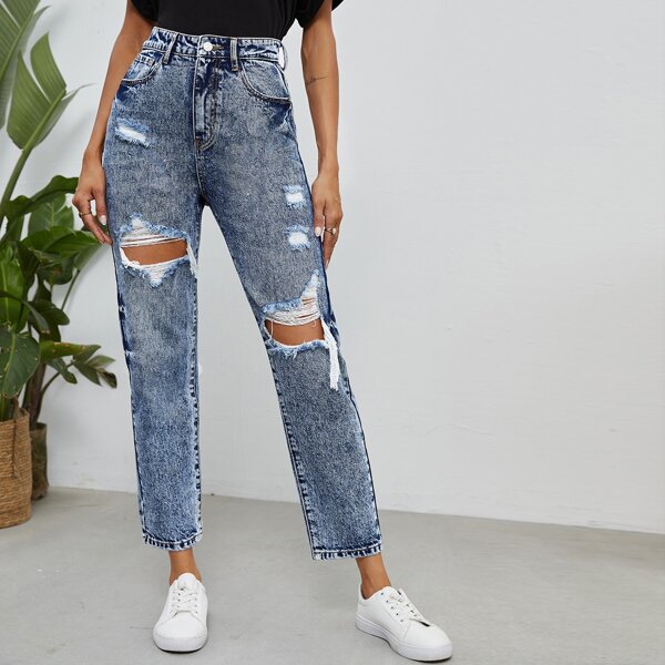 

High Waist Ripped Straight Leg Cropped Jeans, Medium wash