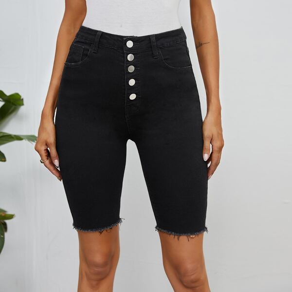 

Button Fly Raw Hem Denim Shorts, Black