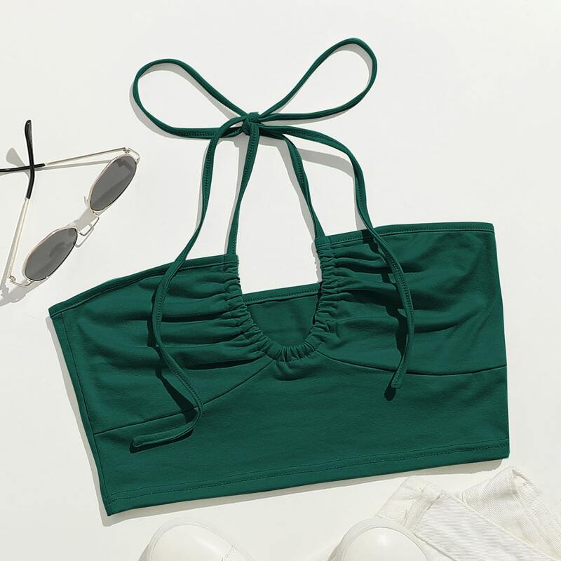

Solid Cut Out Halter Crop Top, Dark green