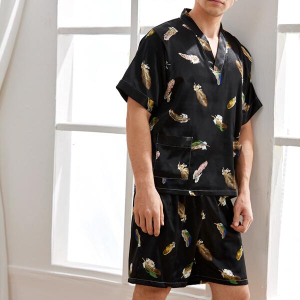 

Men Satin Allover Print Pocket Lounge Set, Black