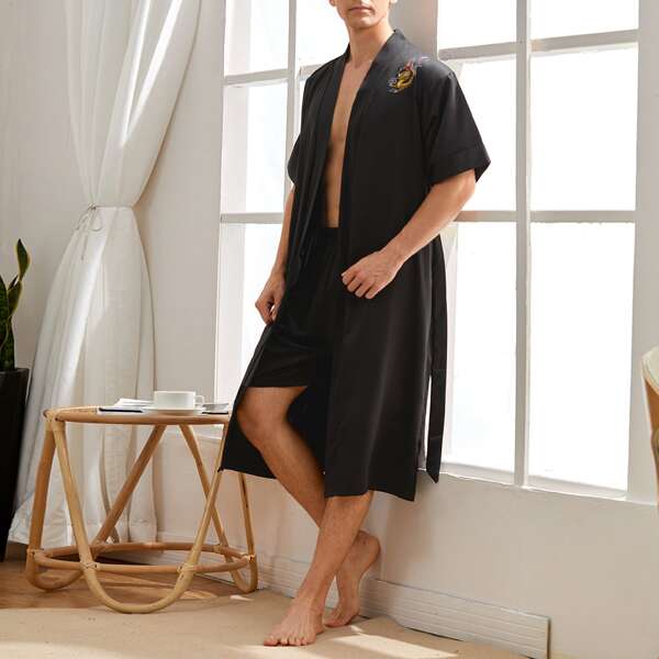 

Men Graphic Self Tie Satin PJ Set, Black
