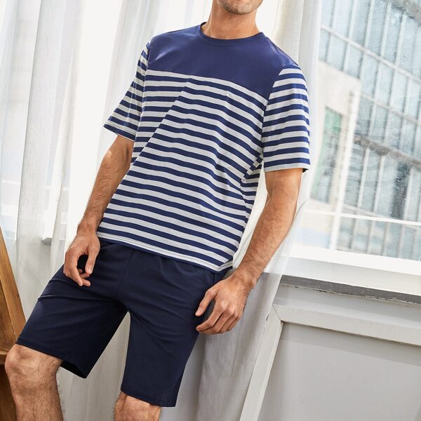 

Men Striped Tee & Slant Pocket Shorts, Blue and white