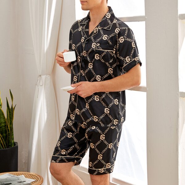 

Men Allover Letter Graphic PJ Set, Black