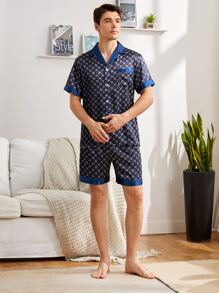 Conjunto de pijama de satén con estampado total para hombres - Azul Marino - Ver 3