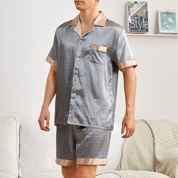 

Men Allover Print Satin PJ Set, Multicolor