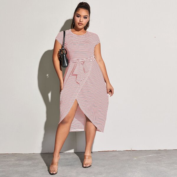 

Plus Tulip Hem Stripe Belted Dress, Red and white