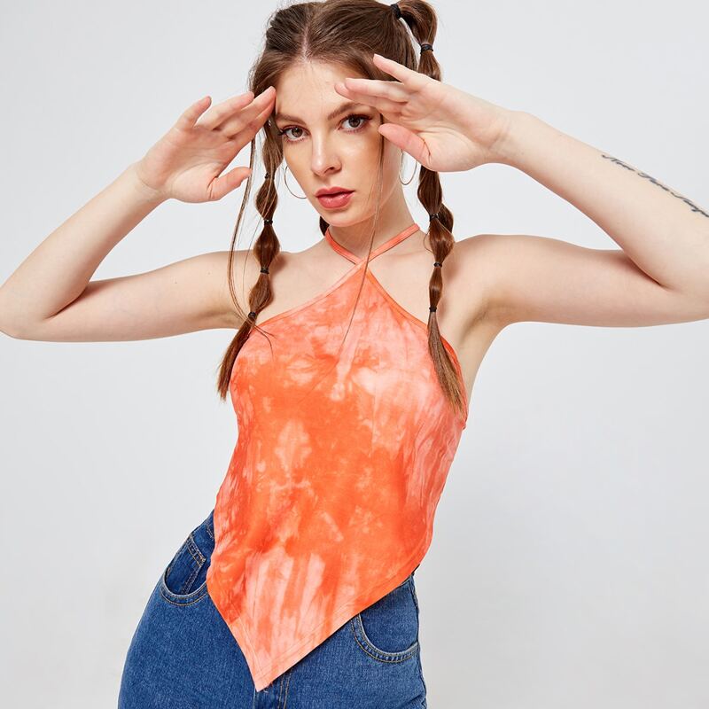 

Tie Back Asymmetric Hem Halter Top, Orange