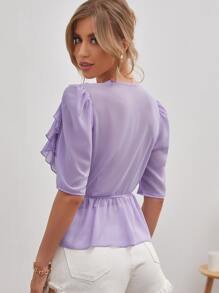 SHEIN Unity Surplice Neck Knot Ruffle Trim Peplum Top - Lilac Purple - View 2