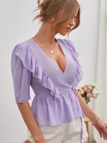 SHEIN Unity Surplice Neck Knot Ruffle Trim Peplum Top - Lilac Purple - View 4