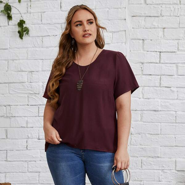 

Plus Solid Short Sleeve Blouse, Maroon