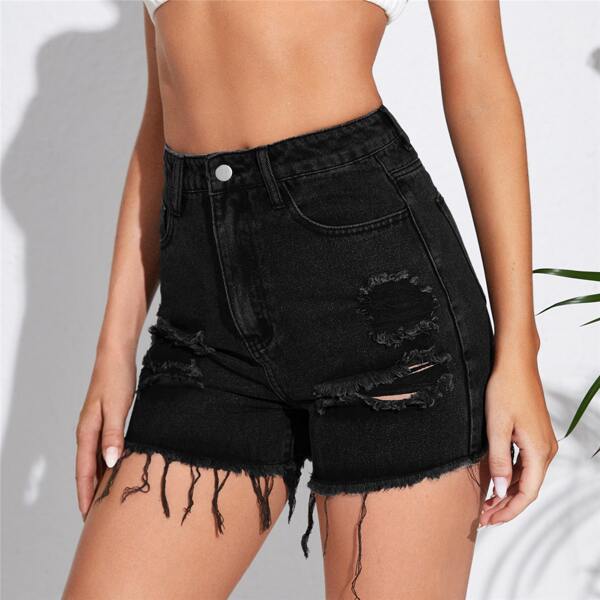 

Ripped Detail Raw Hem Denim Shorts, Black