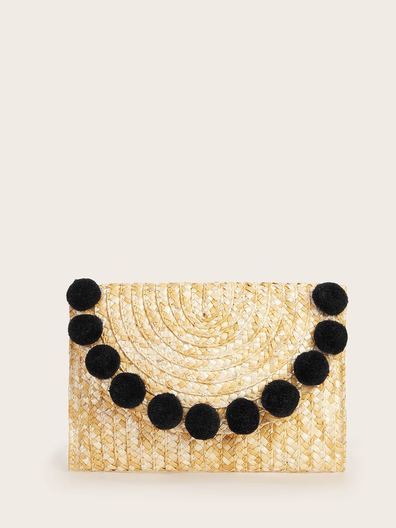 Pom Pom Decor Woven Clutch Bag - Beige - View 1