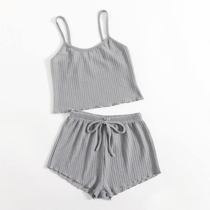 

Waffle Knit Tie Front Pajama Set, Grey