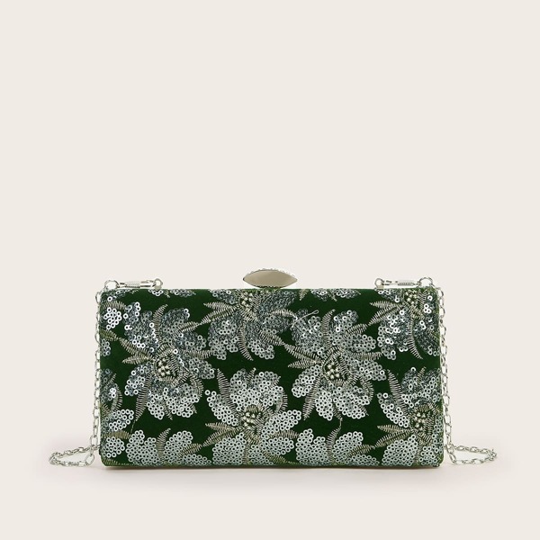 

Sequins Decor Floral Pattern Box Bag, Dark green