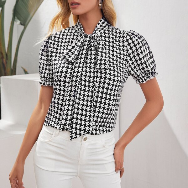 

Tie Neck Puff Sleeve Houndstooth Top, Black and white
