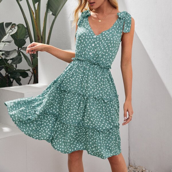 

Allover Print Tie Shoulder Flounce Hem Dress, Green