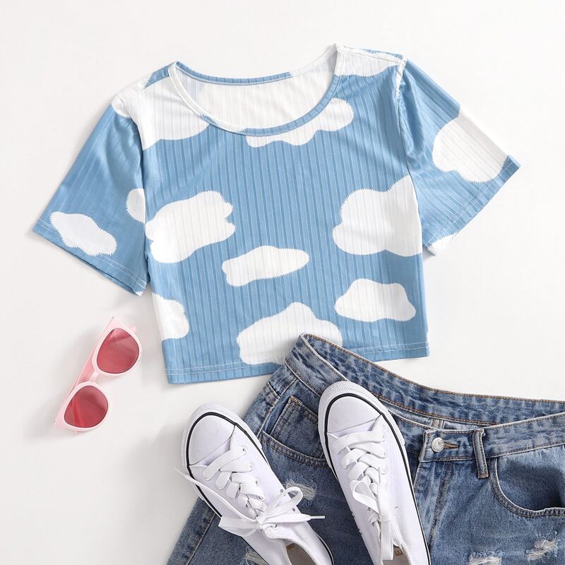 

Round Neck Rib-knit Graphic Crop Tee, Blue and white