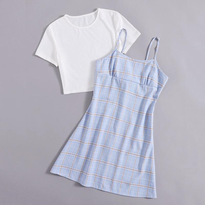 

Solid Tee & Plaid Cami Dress, Multicolor