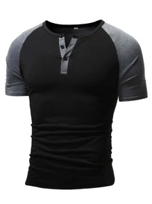 Manfinity Homme Men Contrast Panel Half Button Baseball Tee - Black - View 1