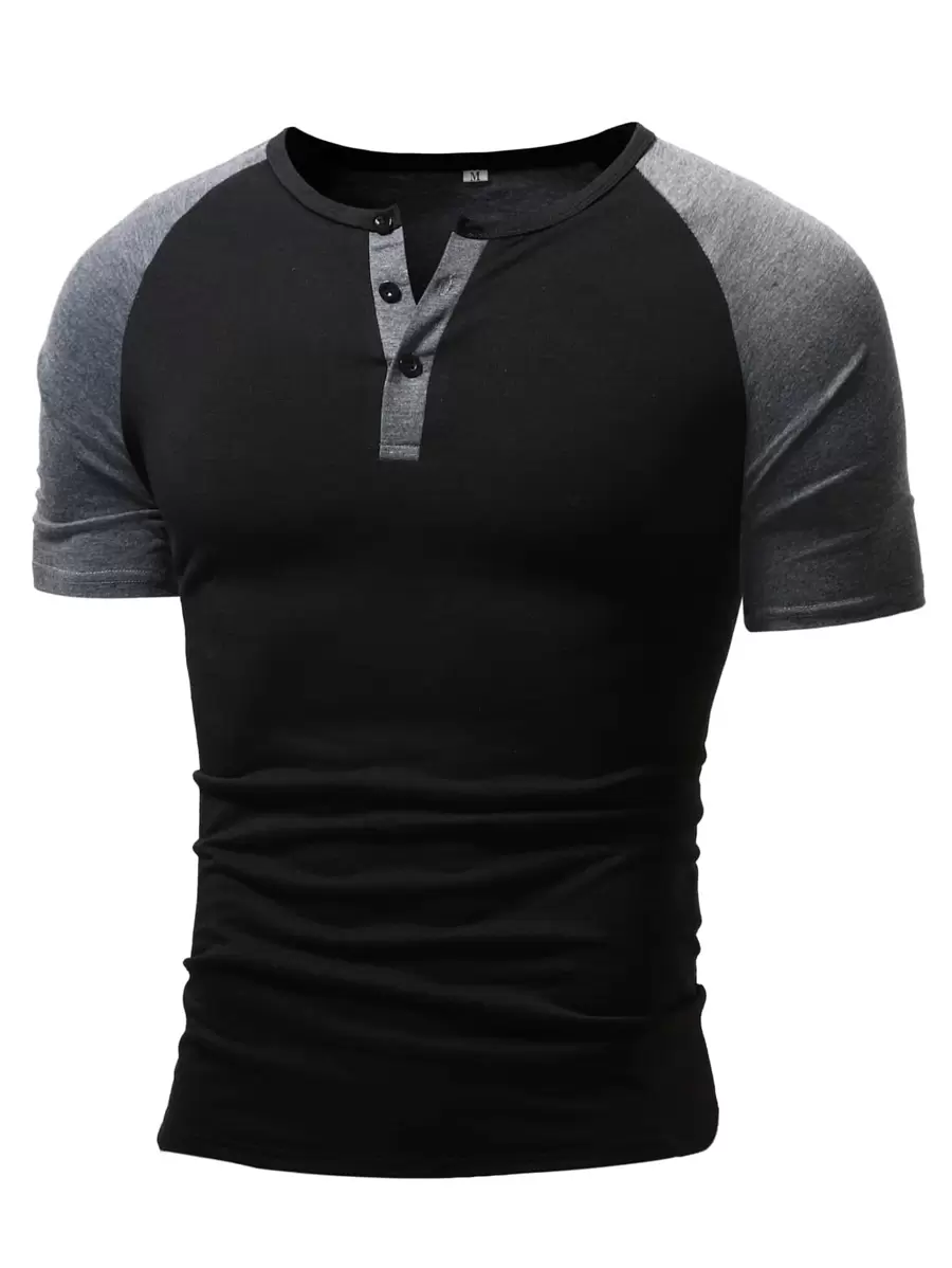 Manfinity Homme Men Contrast Panel Half Button Baseball Tee - Black - View 1