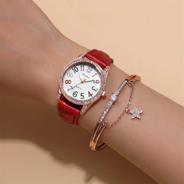 

1pc Rhinestone Decor Round Pointer Watch & 1pc Bracelet