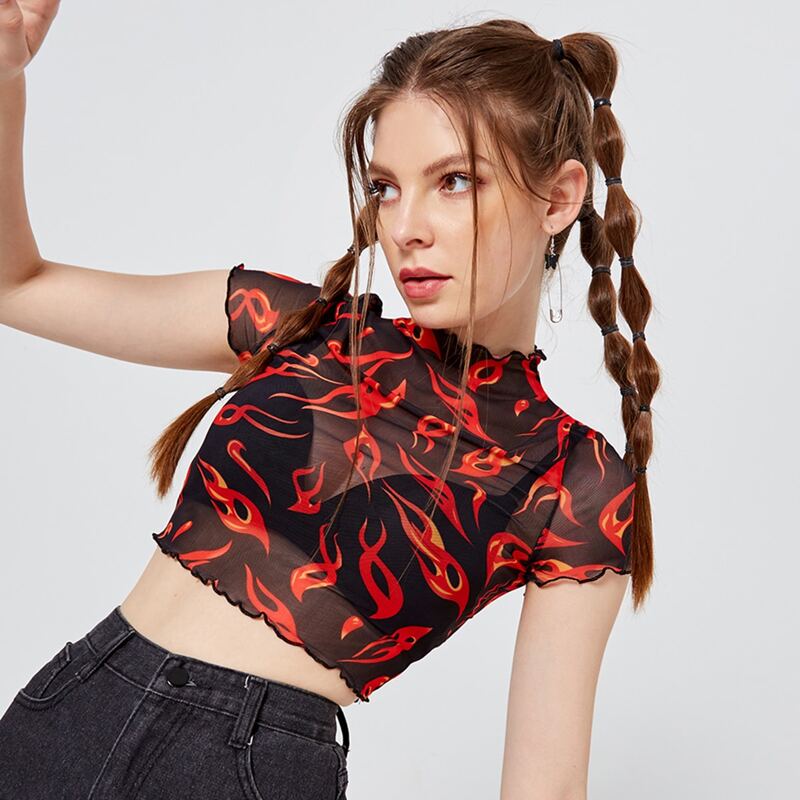 

Lettuce Trim Allover Print Sheer Mesh Crop Top Without Bra, Multicolor