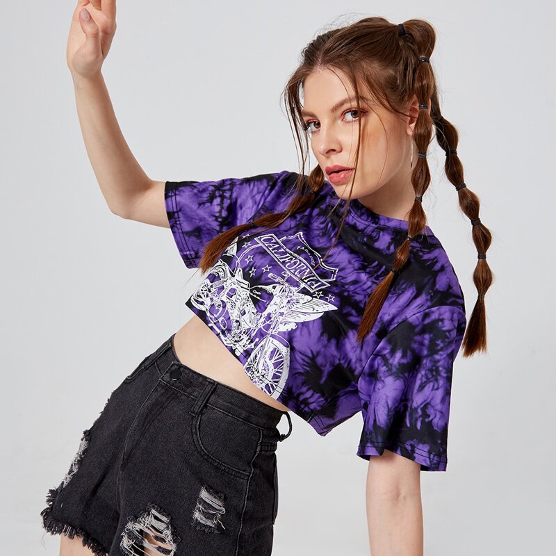 

Motorcycle & Letter Graphic Tie Dye Crop Top, Multicolor