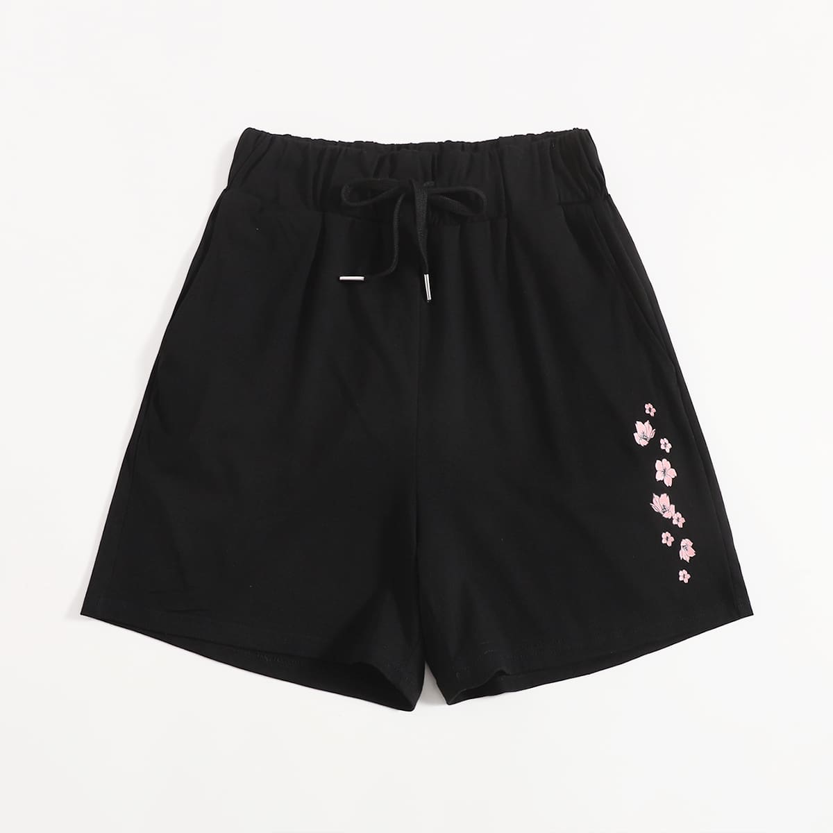 

Floral Graphic Drawstring Shorts, Black