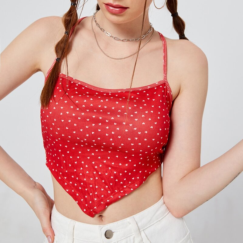 

Lace Up Backless Allover Heart Cami Top, Red