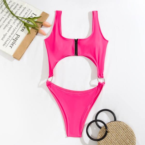

Zipper Cut Out Square One Piece Swimsuit, Hot pink
