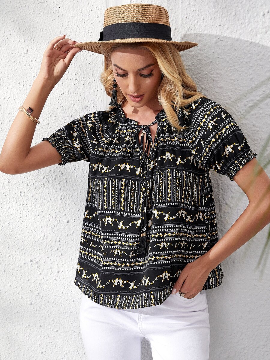 Áo sơ mi mép Hoa Boho - màu đen - Xem 1