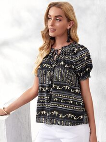 Áo sơ mi mép Hoa Boho - màu đen - Xem 5