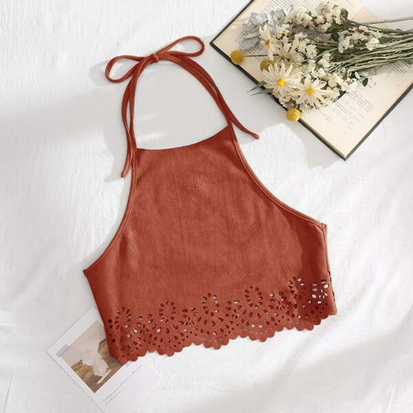 

Laser Cut Out Tie Back Halter Top, Rust brown