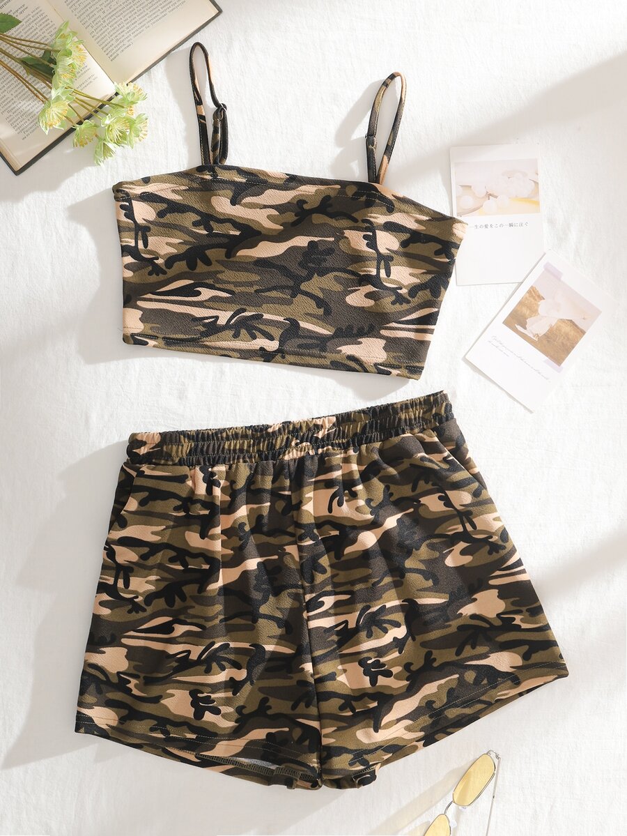 Camo Print Cami Top & Track Shorts Set - Multicolor - View 1