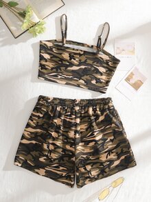 Camo Print Cami Top & Track Shorts Set - Multicolor - View 2