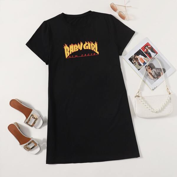 

Plus Letter & Fire Print Tee Dress, Black