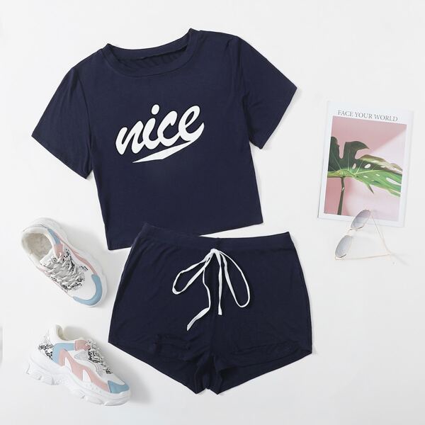 

Plus Letter Graphic Tee & Knot Track Shorts, Navy blue