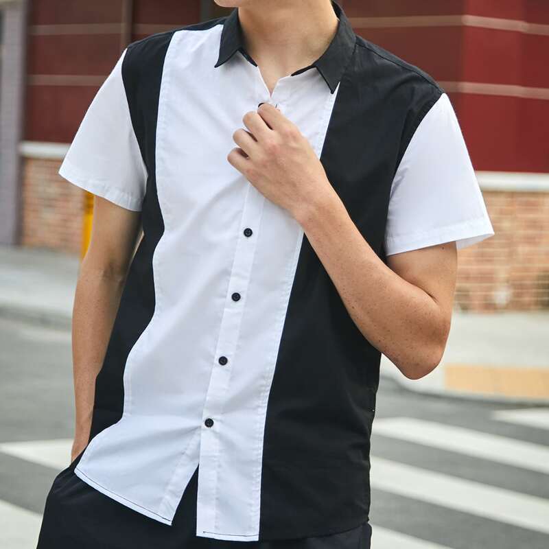 

Guys Cut And Sew Button Through Shirt, Black and white