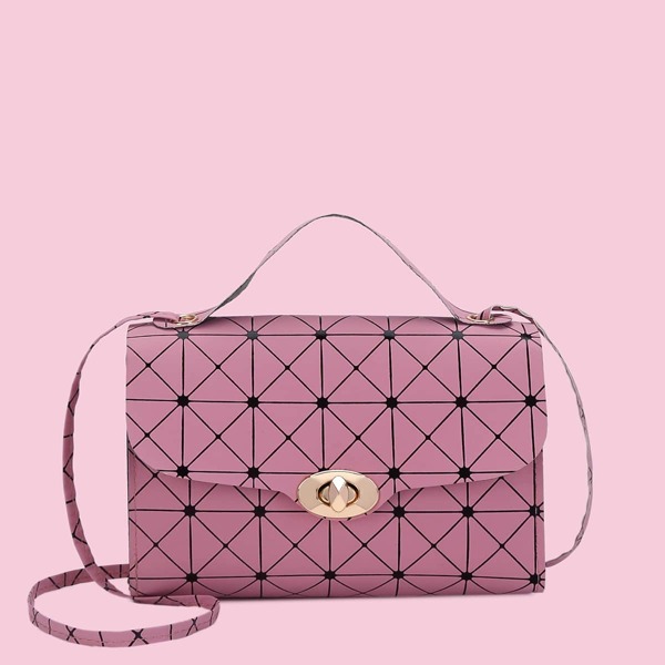 

Twist Lock Geometric Graphic Satchel Bag, Pink