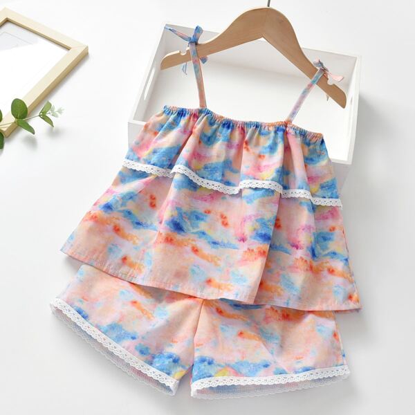 

Toddler Girls Tie Dye Contrast Lace Cami Top With Shorts, Multicolor