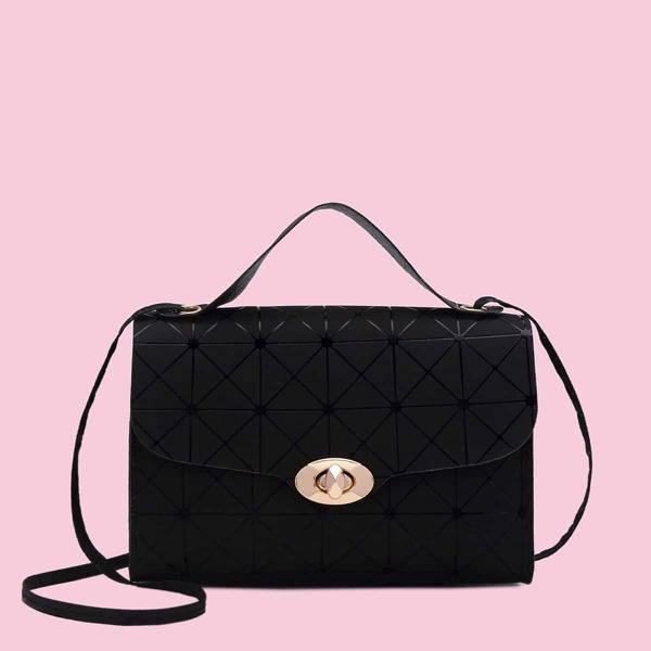 

Twist Lock Geometric Graphic Satchel Bag, Black